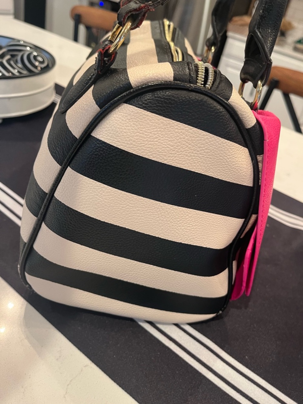 Purse-Betsey Johnson Hot Pink & Black-White Striped Bow Satchel - Picture 11 of 14